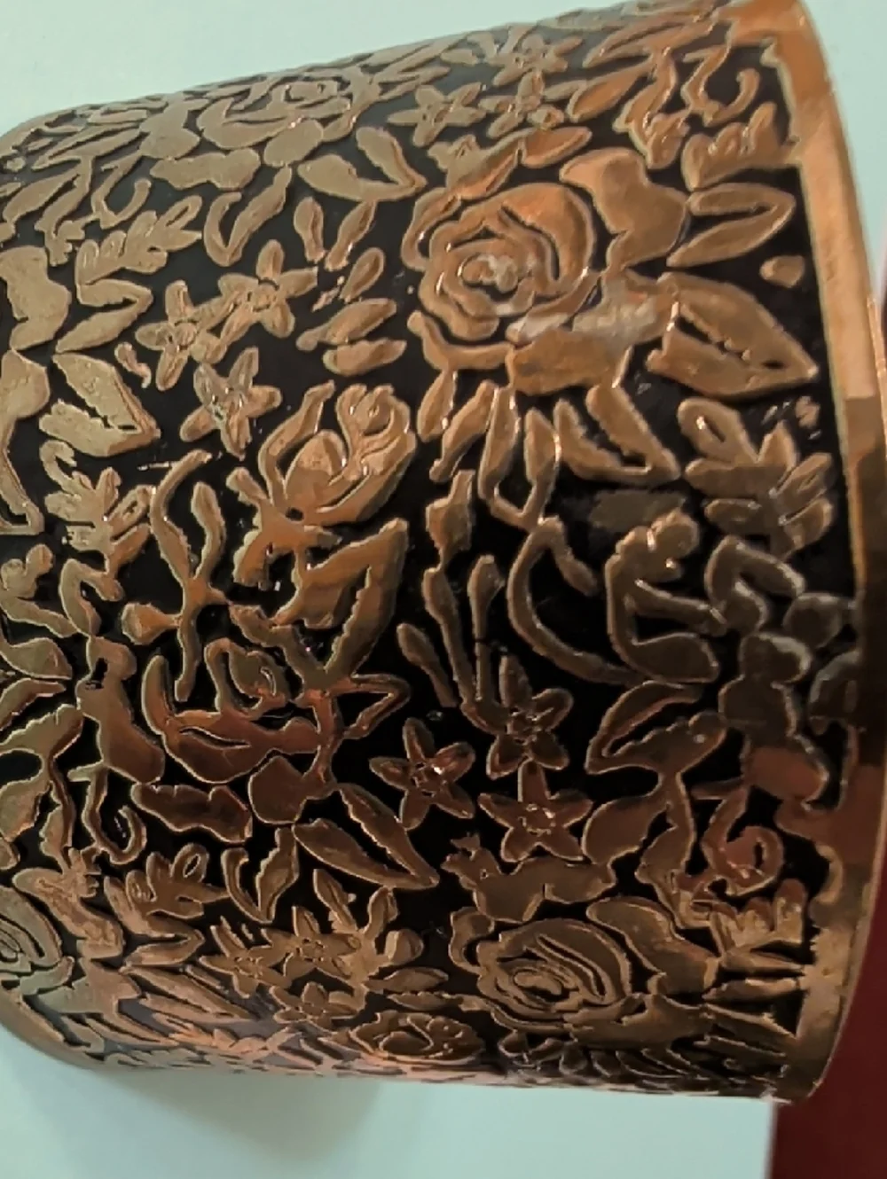 Handcrafted Floral Embossed Wide Cuff Bracelet - Bronze Tone - Picture 10 of 11